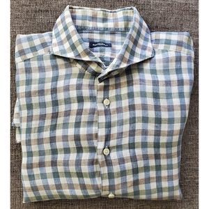 Suitsupply Men's Linen Blue Grey Check  Long Sleeve Shirt Size 16.5